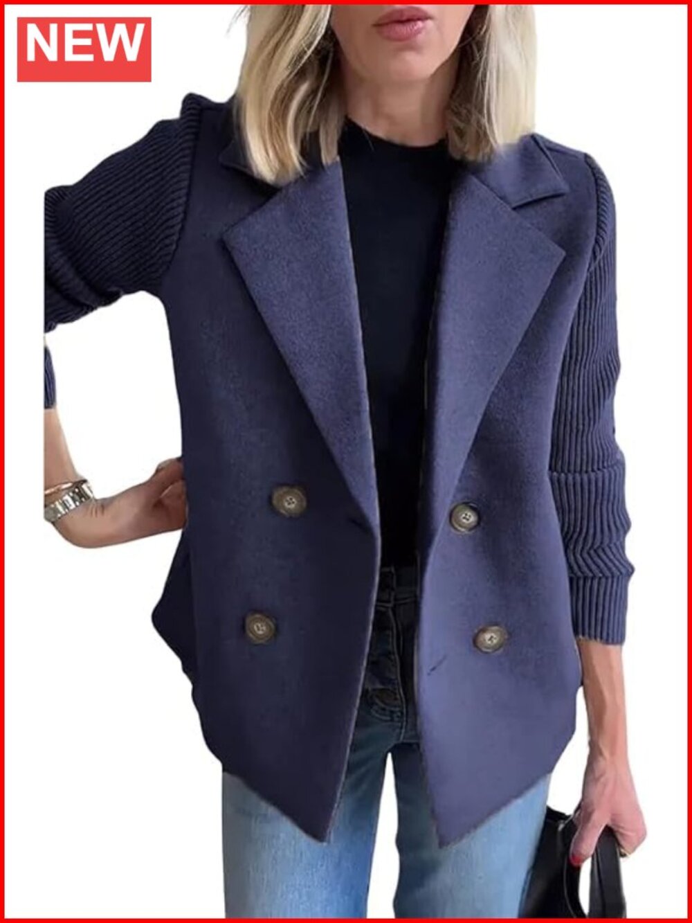 Cropped Wool Blend Pea Coat Double Breasted Notch Lapel Knit Sweater Blazer